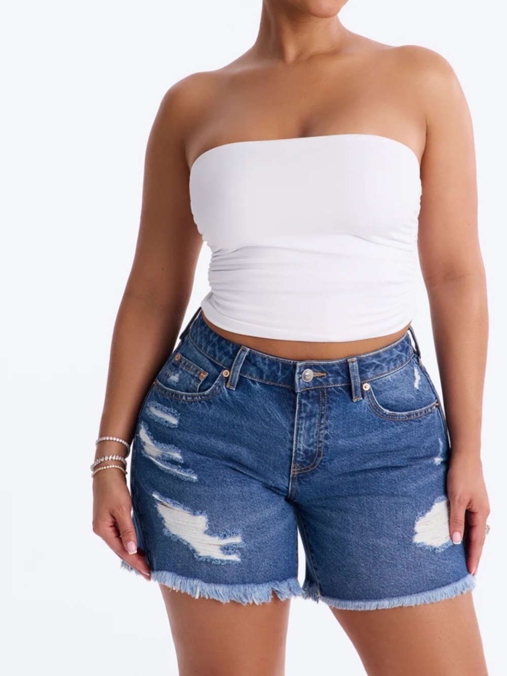 Ruched White Strapless Tube Top